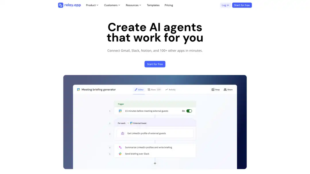 Screenshot of Relay.app platform displaying team workflow automation interface