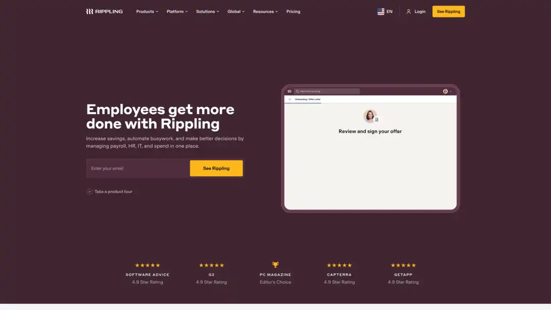 Screenshot of Rippling platform displaying automated workflows and app management