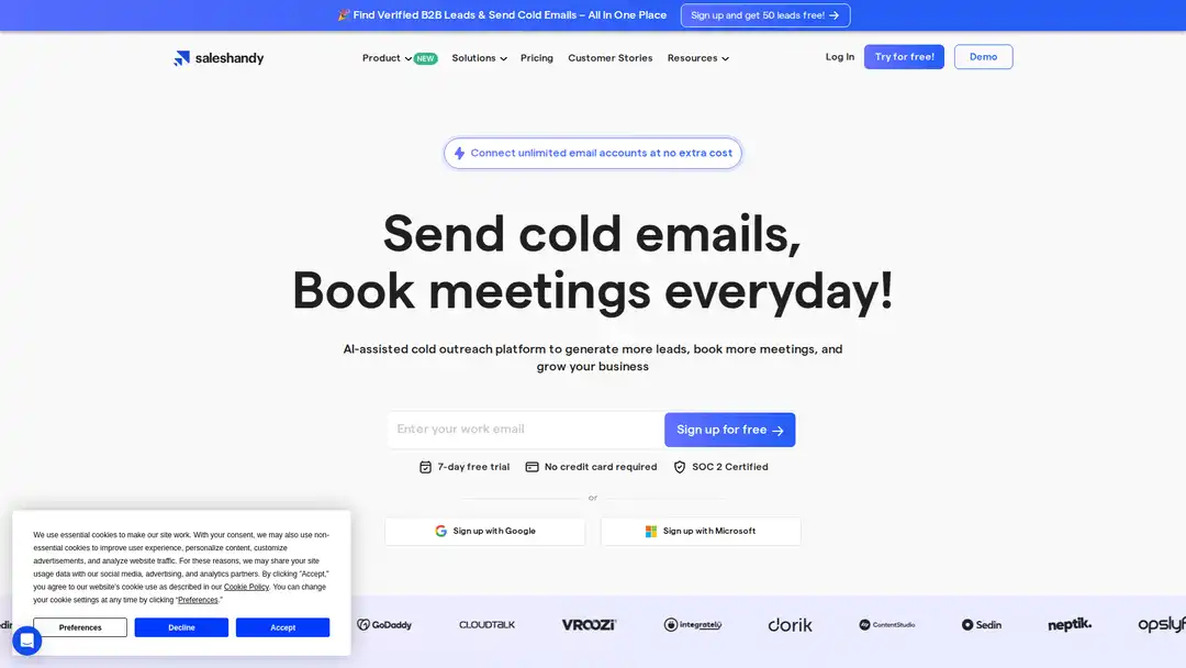 Screenshot of Saleshandy platform showing AI-powered email outreach and lead finder interface