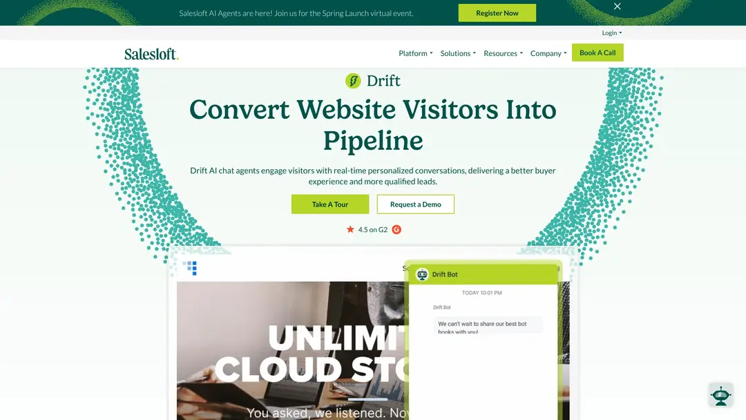 Screenshot of Drift chatbot platform showing visitor engagement tools