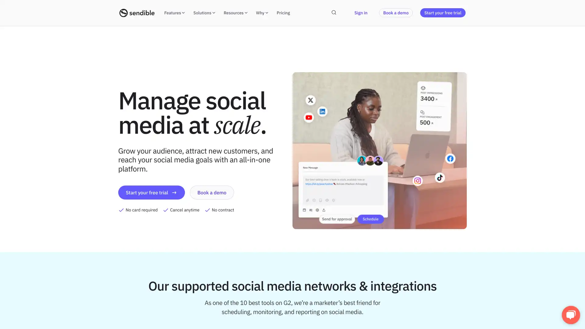 Screenshot of Sendible's social media management platform displaying the content calendar, local SEO insights, and team management interface