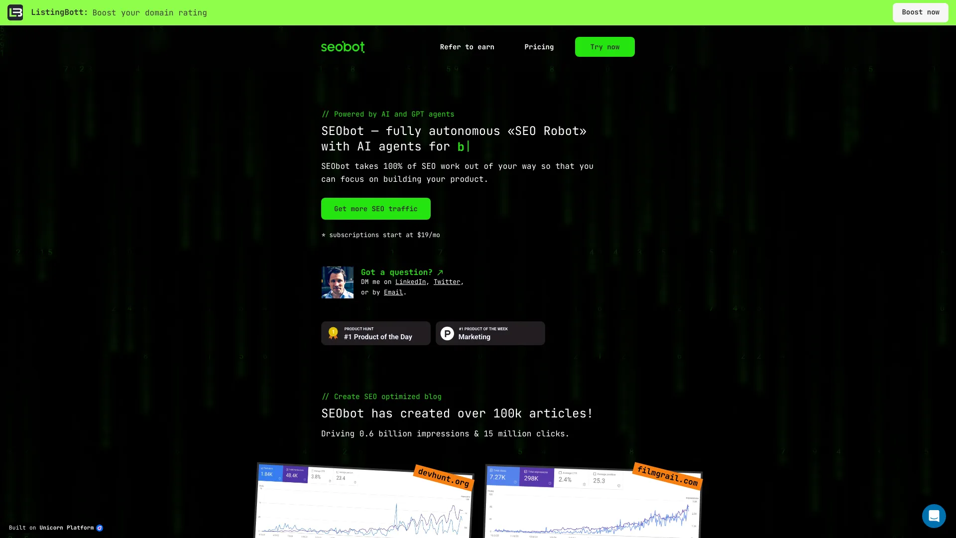 Screenshot of SEObot AI autonomous SEO agent dashboard