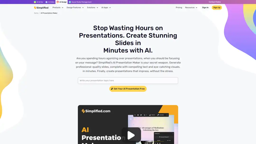 Screenshot of Simplified.com platform showing video presentation features and templates