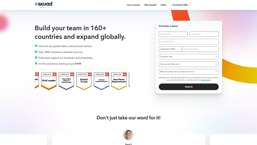 Screenshot of Skuad platform showing global compliance and multi-currency payroll