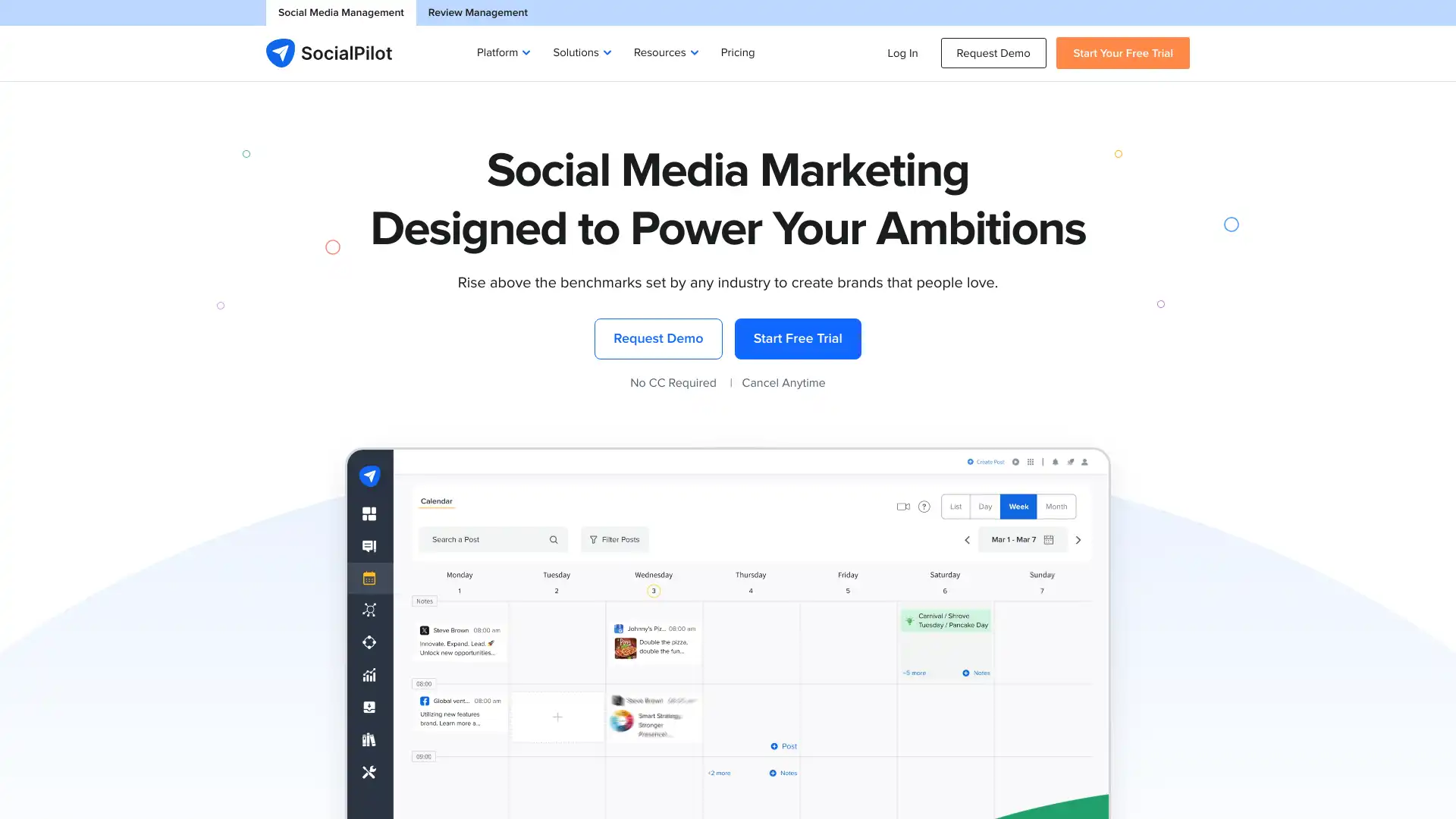 Screenshot of SocialPilot's social media management dashboard showing the content calendar, team collaboration features, and analytics interface