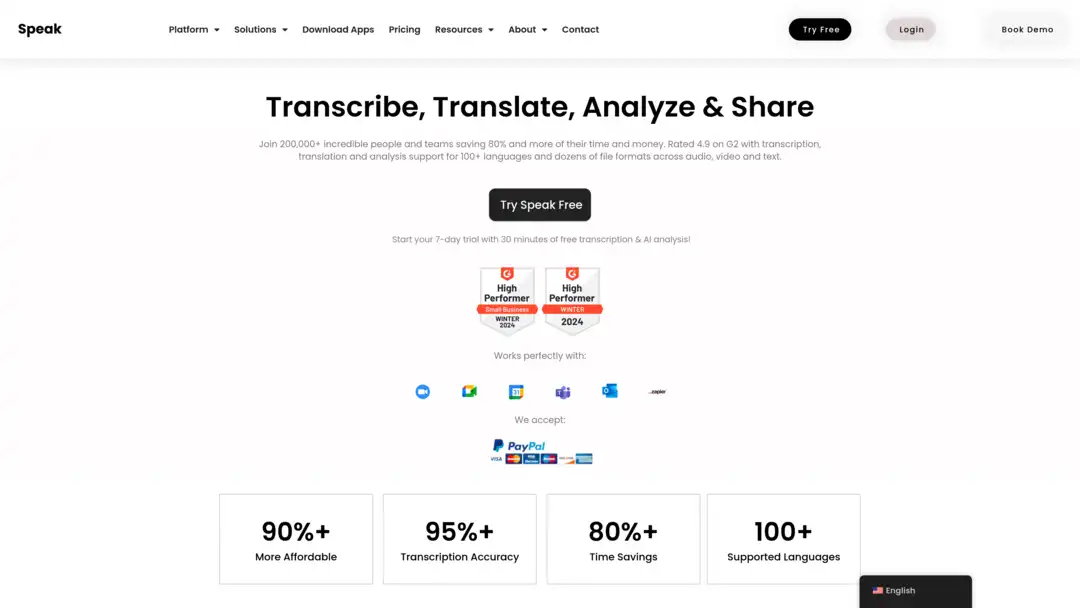 Speak AI transcription and analysis interface