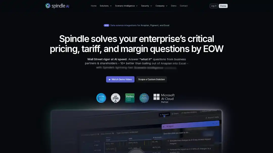 Screenshot of Spindle AI platform displaying machine learning predictions and market analysis