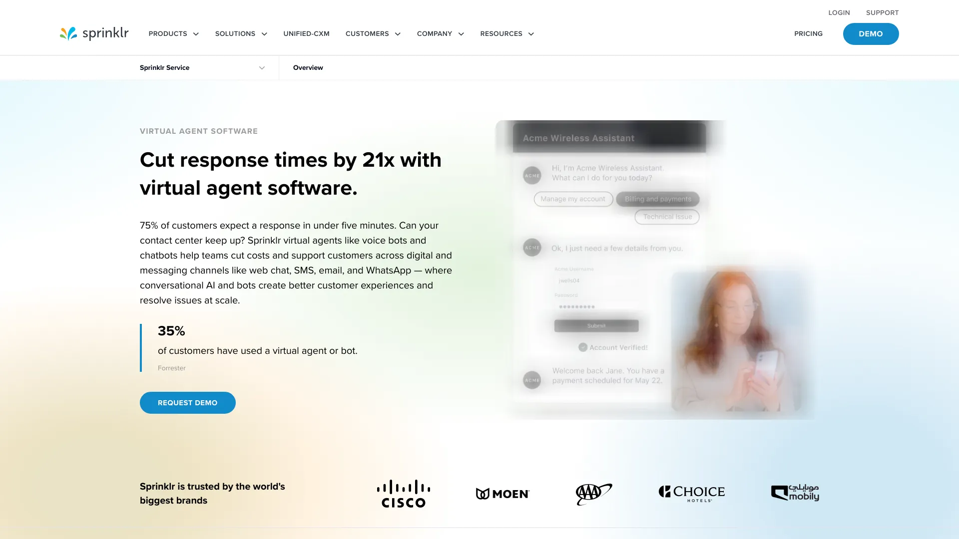 Screenshot of Sprinklr AI Chatbot platform showing omnichannel engagement tools