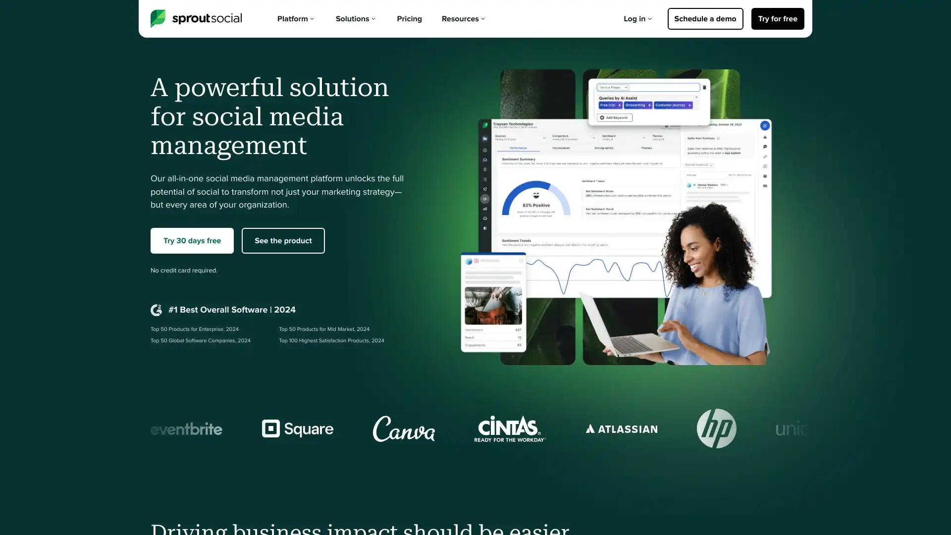 Screenshot of Sprout Social platform showing AI-driven content drafting and customer segmentation analytics