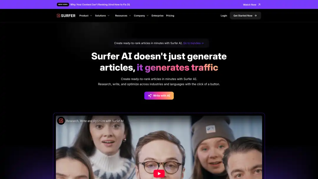Screenshot of Surfy platform displaying content optimization and SEO features