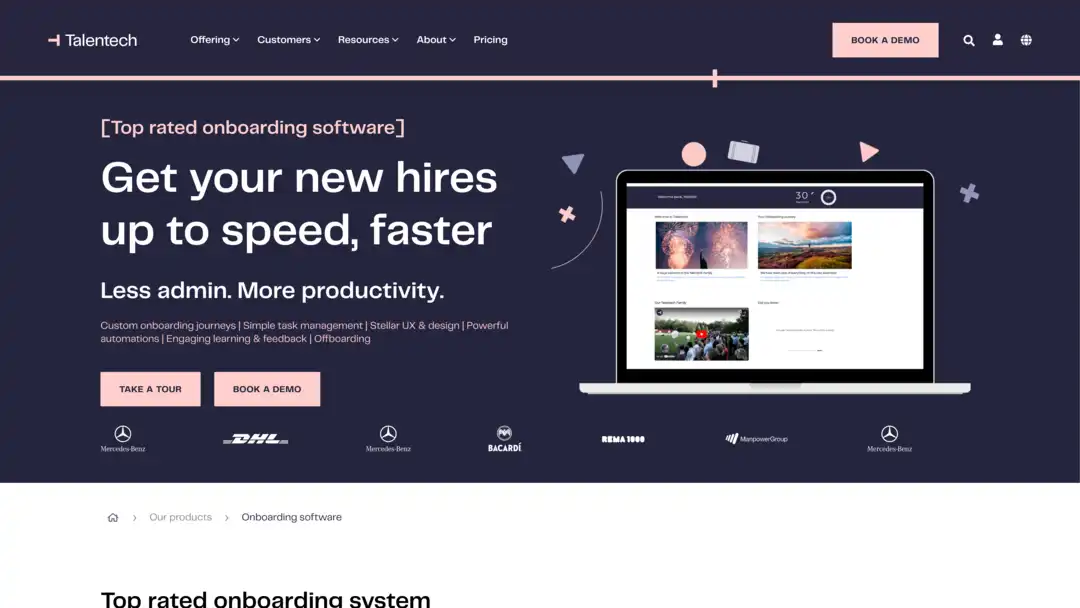 Screenshot of Talmundo platform displaying custom workflows and self-service portal
