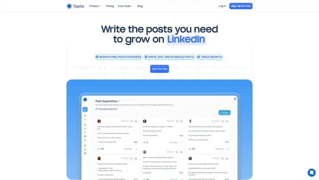 Screenshot of Taplio platform showing LinkedIn content management and AI assistant features