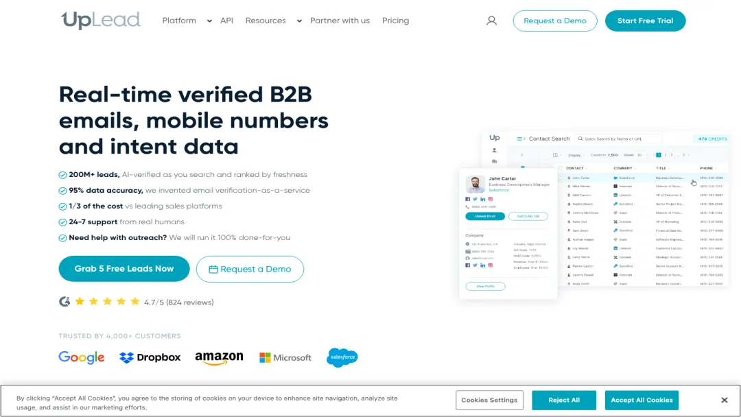 Screenshot of UpLead homepage