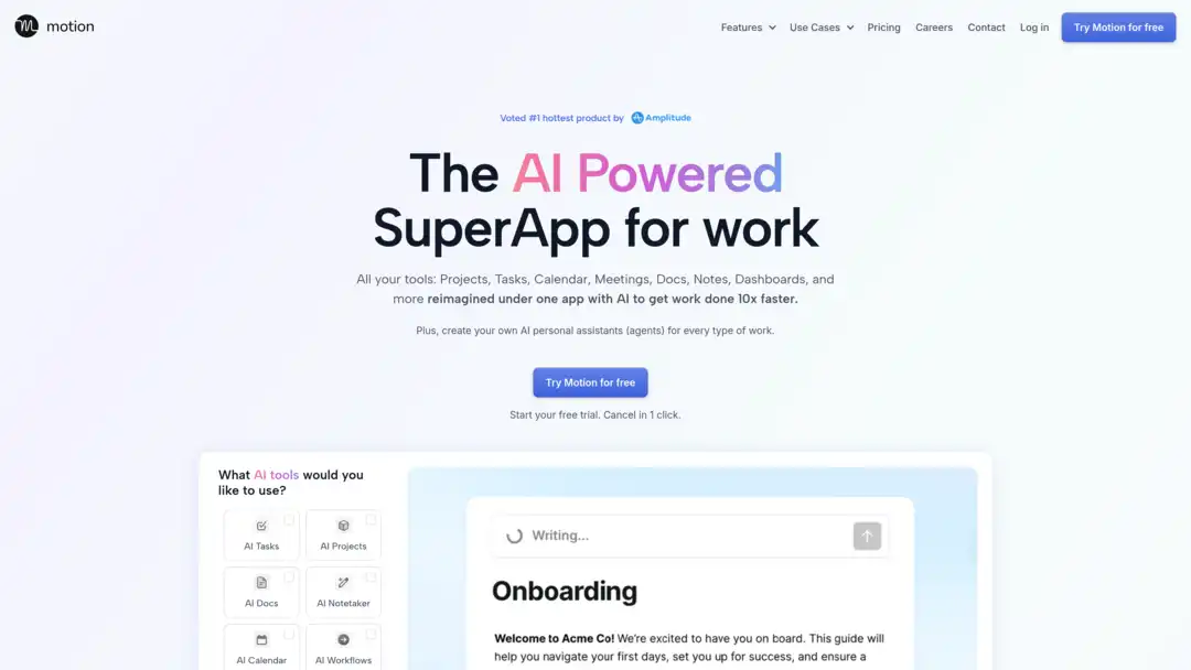 Screenshot of Motion platform showing AI scheduling and task categorization features