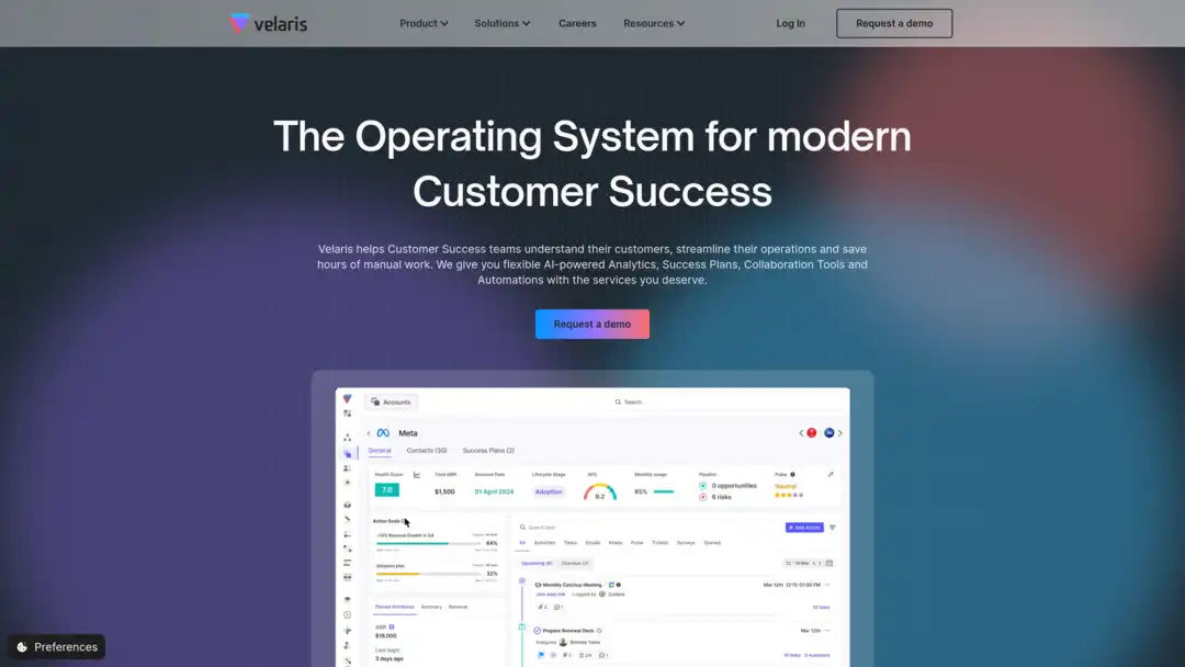 Screenshot of Velaris platform showing AI-powered customer interaction tracking and segmentation