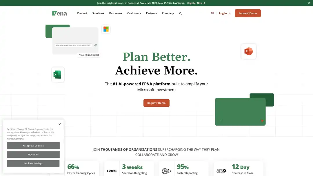 Screenshot of Vena Solutions platform displaying Excel integration and AI-enhanced planning
