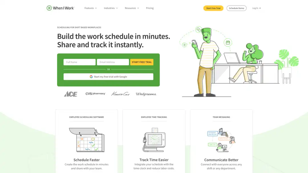 Screenshot of When I Work employee scheduling interface showing shift management dashboard