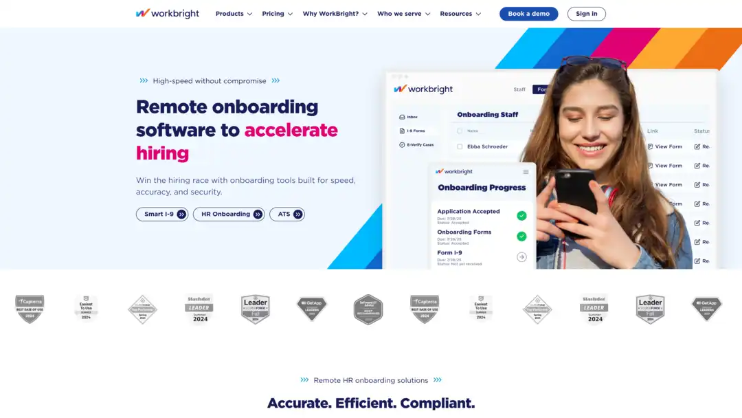 Screenshot of WorkBright platform showing mobile-first design and Smart I-9 features