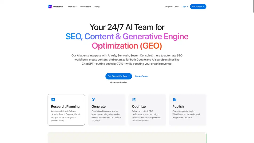 Screenshot of Writesonic platform displaying content generation and optimization features