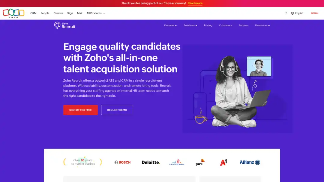 Screenshot of Zoho Recruit all-in-one recruitment solution dashboard